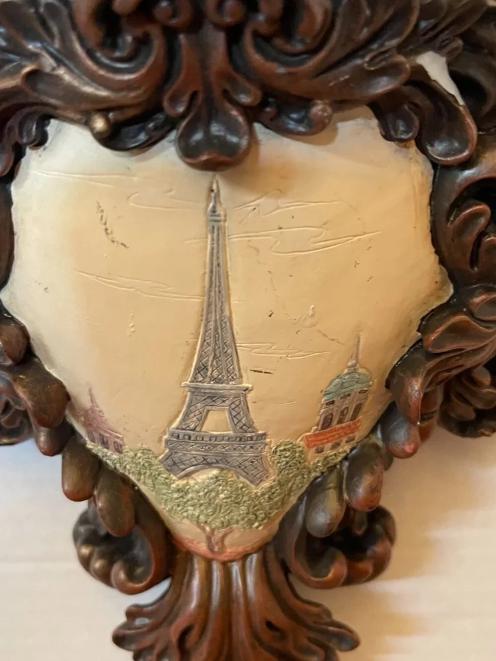 Arister Faux Wood Carved Pair of Hand Painted Paris Eiffel Shelf Sconce Resin
